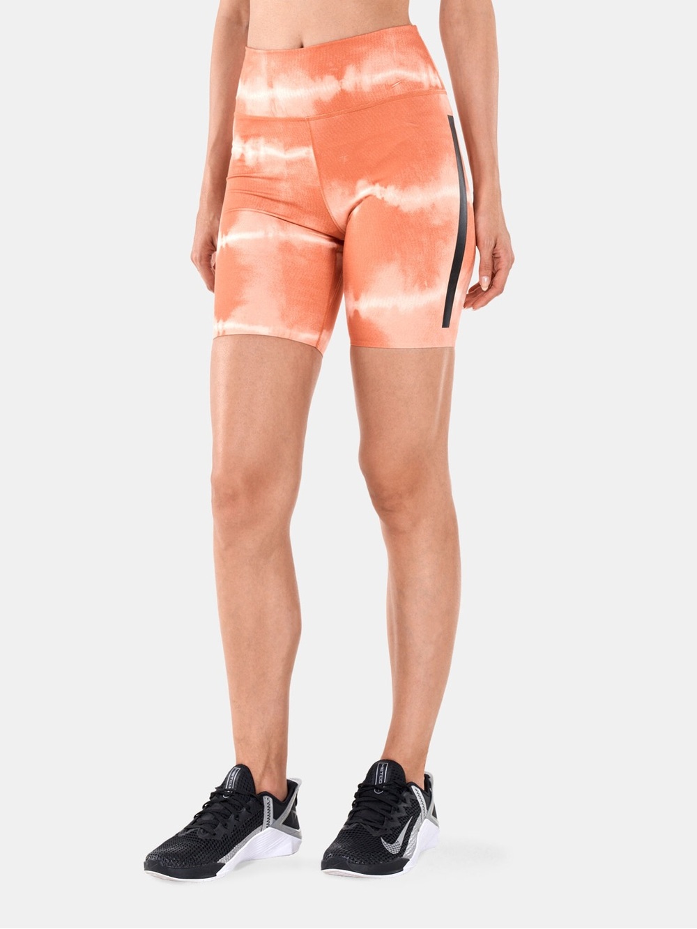 Nike Orange Tie-Dye High-Waist Bike Shorts with Side Stripe